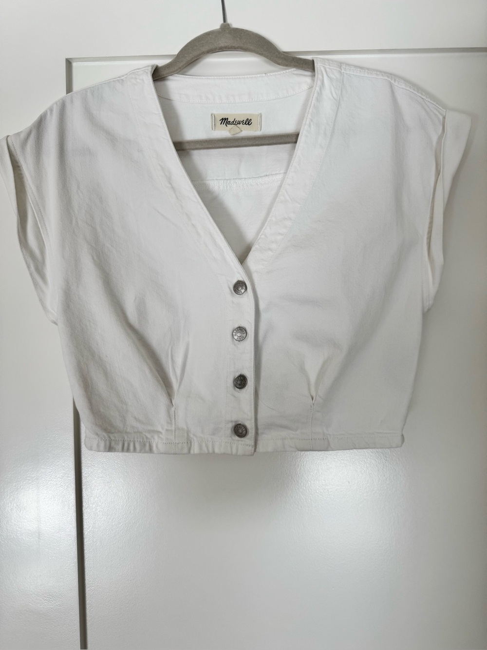 Madewell White V-Neck Denim Button Front Crop Top Size 4